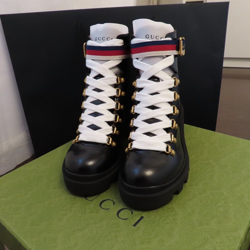 Gucci Calfskin Sylvie Web Womens Lace Up Combat Boots